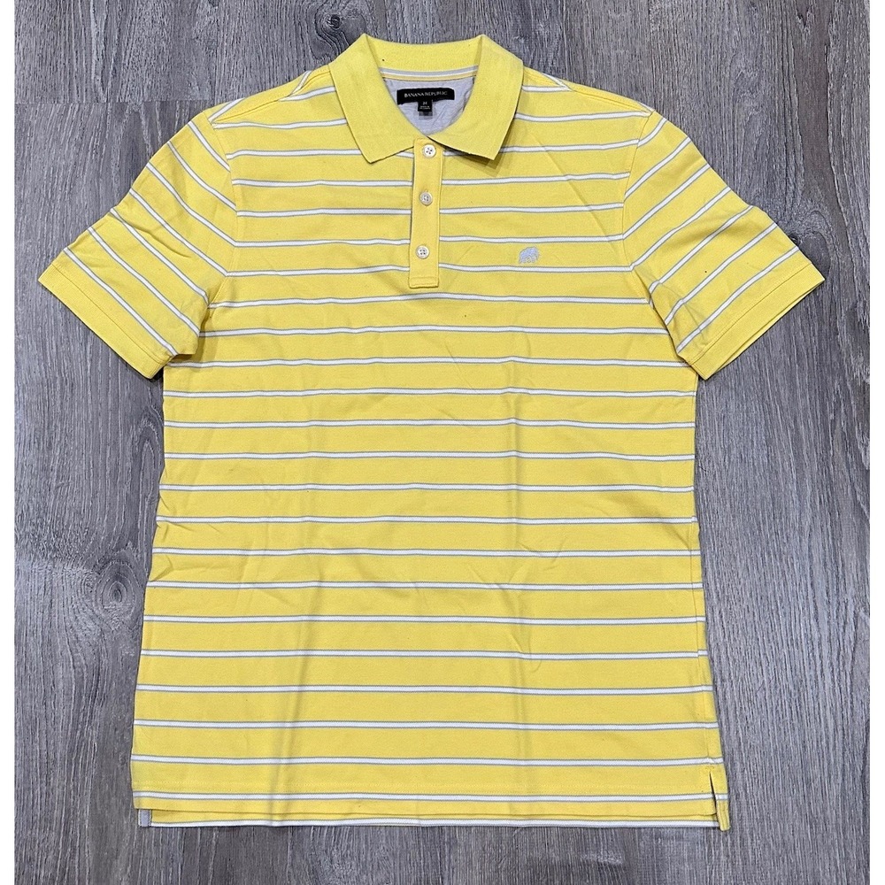 Banana Republic Pique Polo Shirt Men's Medium Yellow Elephant Striped Golf Polo